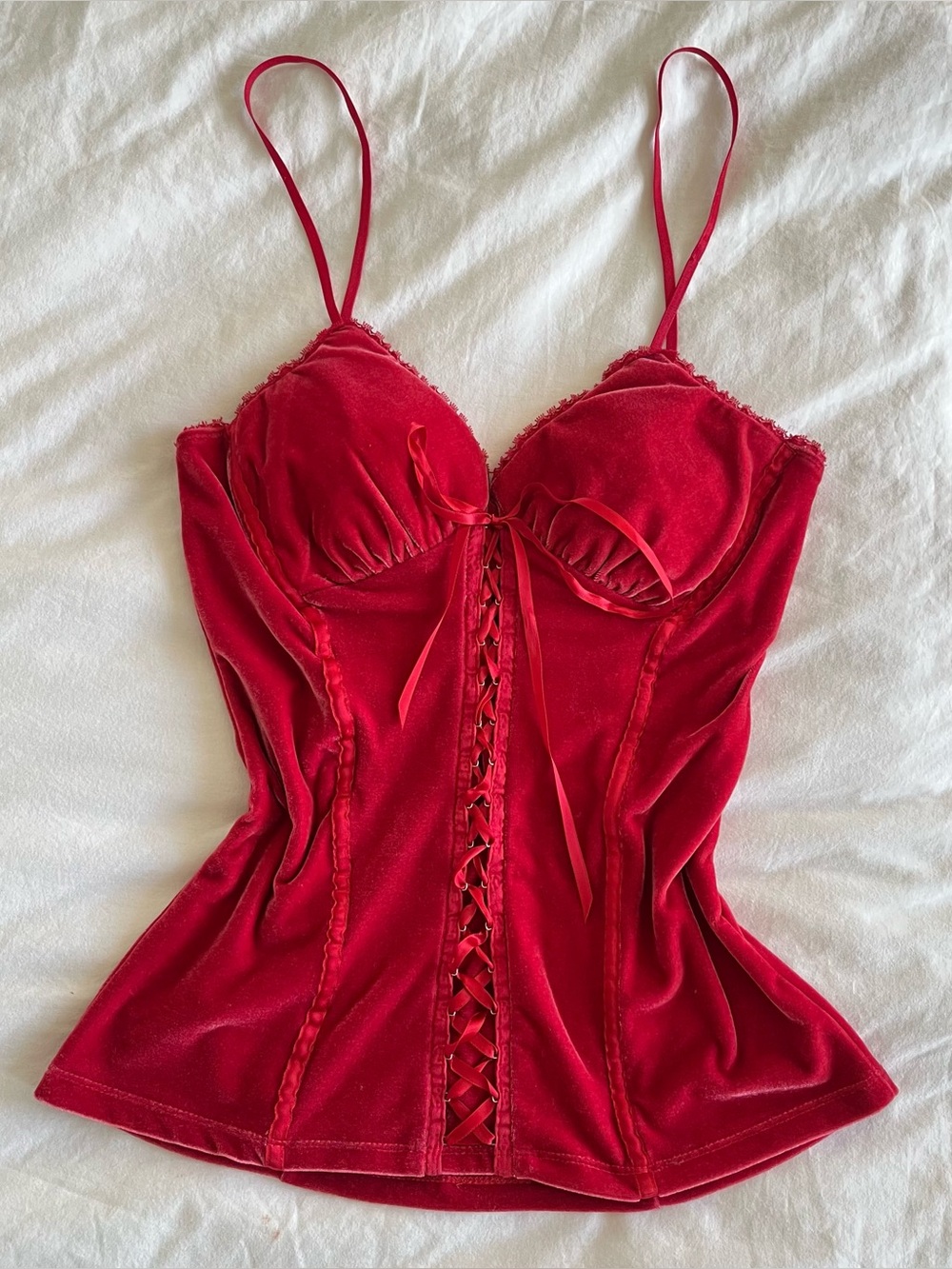 Y2K Cherry Red Velour Velvet Corset Style Lace-Up Cami Top